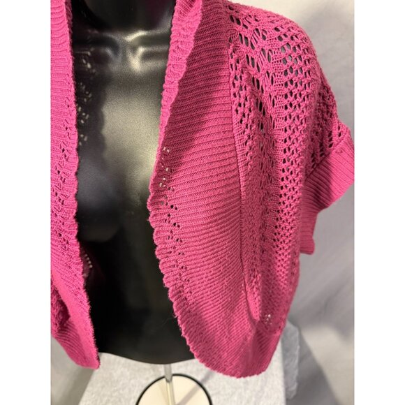 Roamans 16W 1X Crochet Shrunken Cardigan Sweater Boho Chic Open Knit Womens Pink - Picture 2 of 3